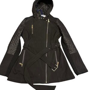 Michael Kors Black Quilted Hooded Jacket Women's Size M Gold Zippers